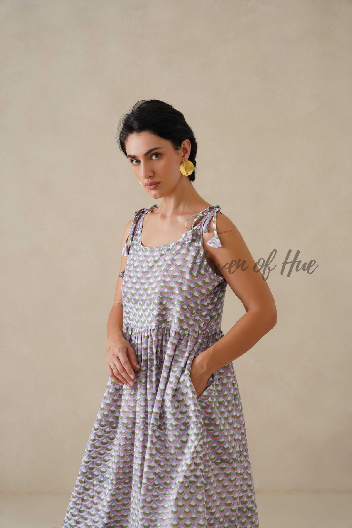 Cotton Midi Dress Summer Floral Print Tie-Strap A-Line Casual Sun Dress - Lavender & Sage Green