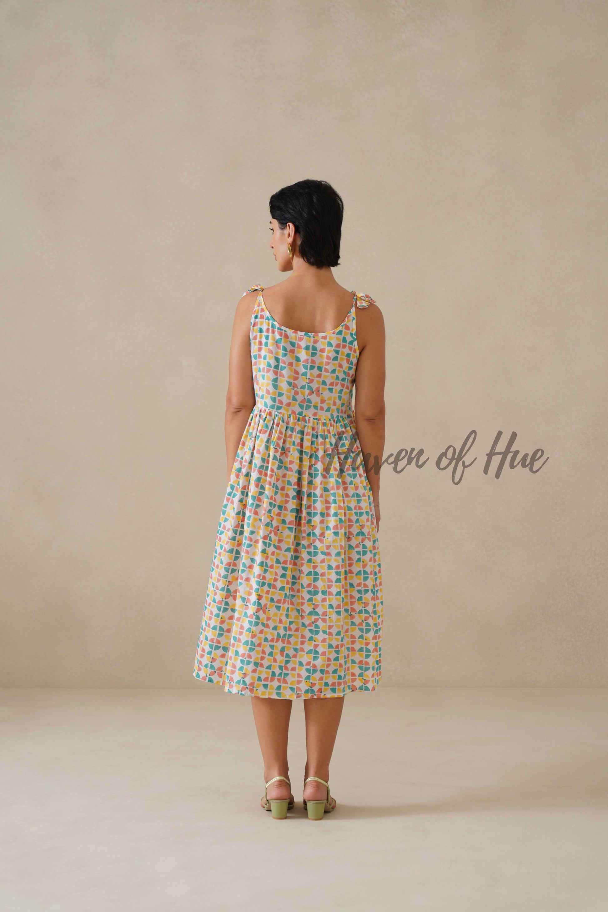 Cotton Midi Dress Summer Colorful Geometric Print Tie-Strap A-Line Casual Sun Dress - Multicolor Pastel