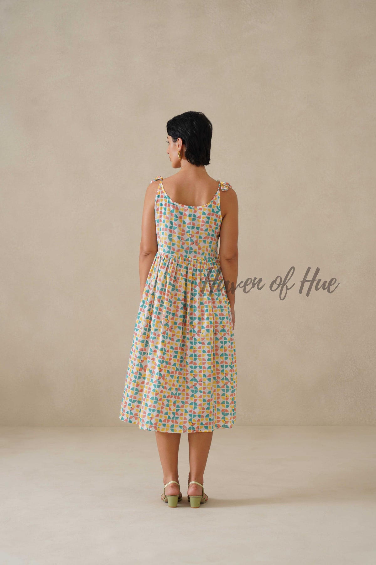 Cotton Midi Dress Summer Colorful Geometric Print Tie-Strap A-Line Casual Sun Dress - Multicolor Pastel