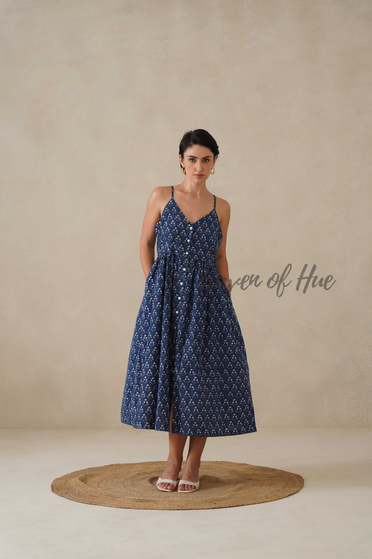 Navy Floral Cotton Dress | Sleeveless Button Down Midi Dress