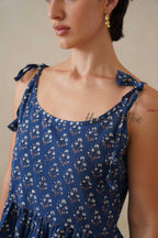 Navy Floral Cotton Dress | Tie Shoulder Summer Midi Dress