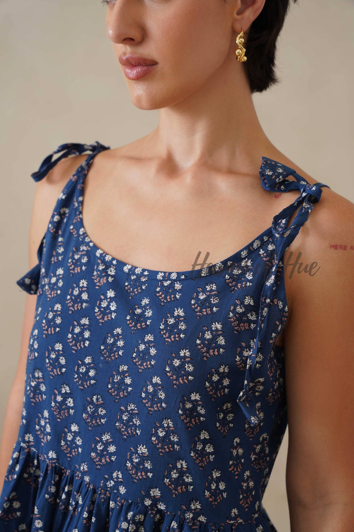 Navy Floral Cotton Dress | Tie Shoulder Summer Midi Dress