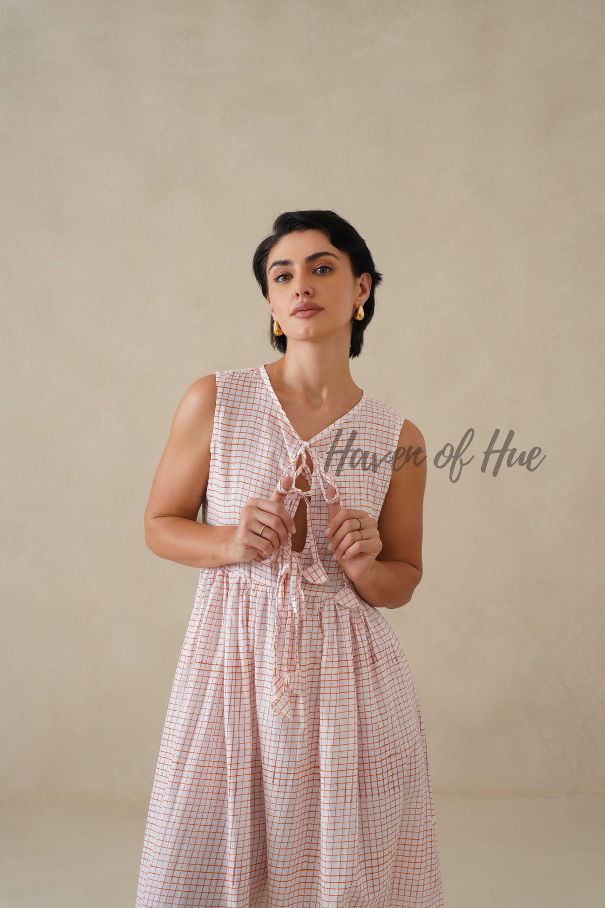 Check Cotton Midi Dress for Women, Orange Sleeveless Summer Sundress
