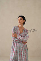 Floral Cotton Midi Dress with Long Sleeves, Pink Boho V-Neck Tiered Sundress