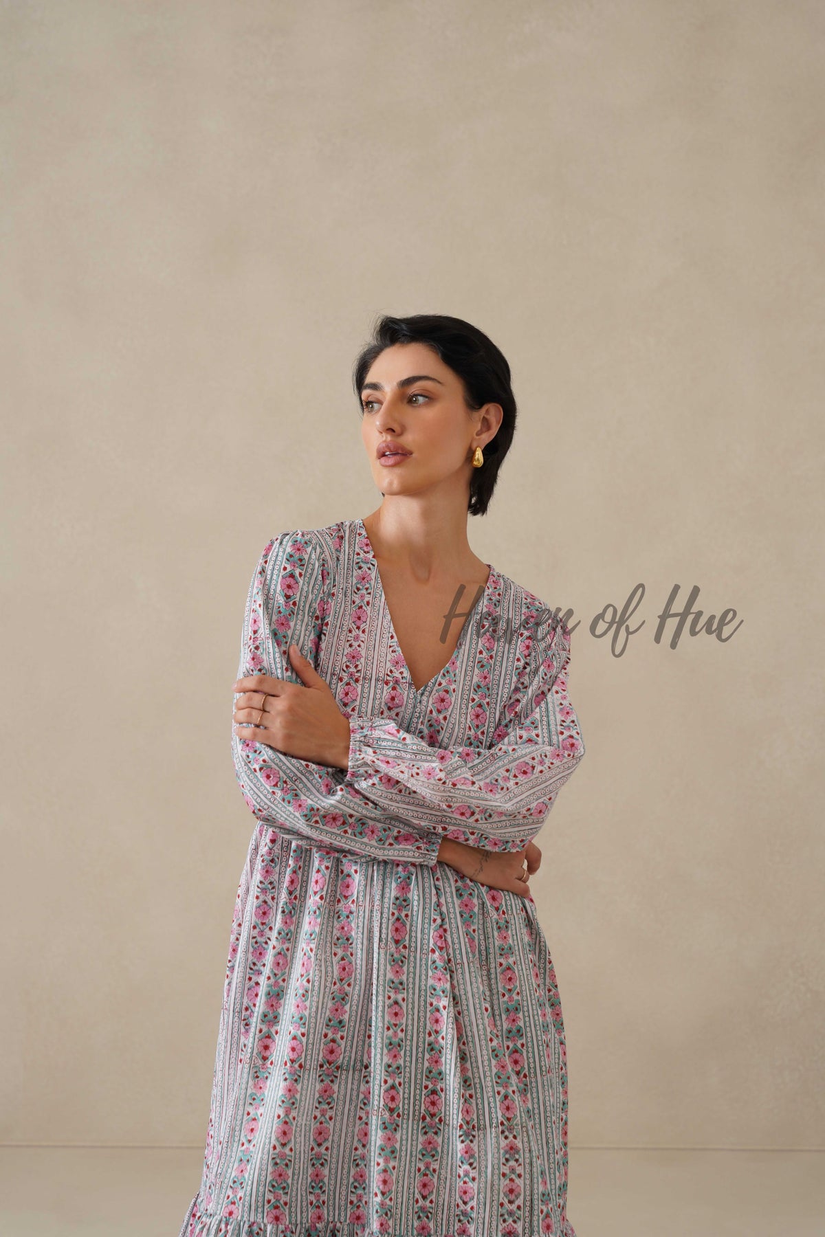 Floral Cotton Midi Dress with Long Sleeves, Pink Boho V-Neck Tiered Sundress
