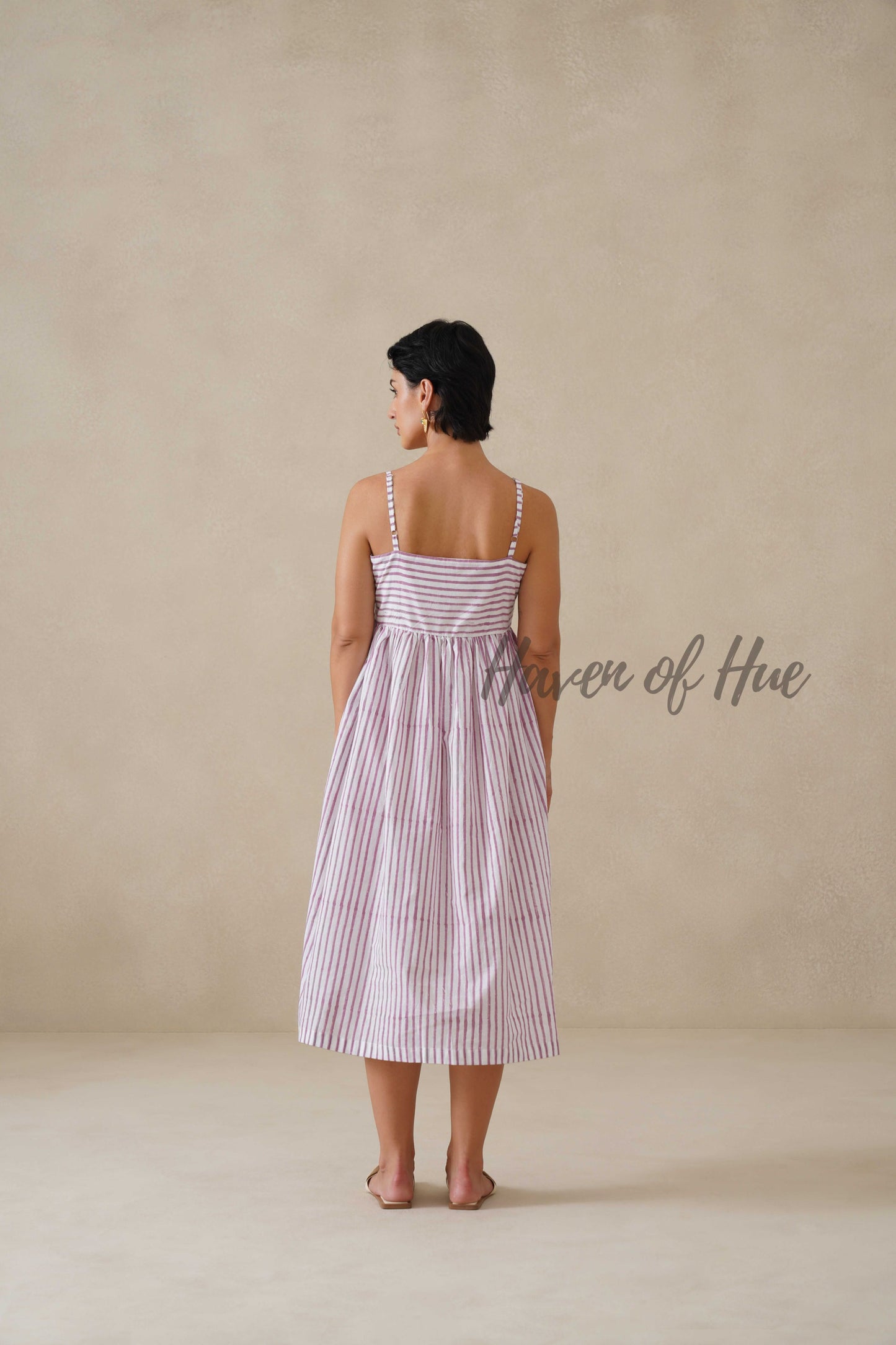 Purple Striped Cotton Dress | Sleeveless Button Down Midi Dress