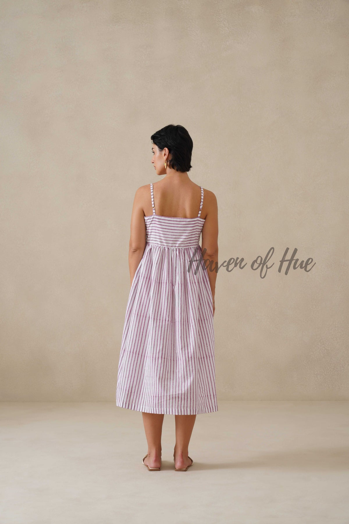 Purple Striped Cotton Dress | Sleeveless Button Down Midi Dress