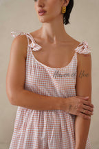Cotton Midi Dress Summer Gingham Plaid Tie-Strap A-Line Casual Sun Dress - Red & White