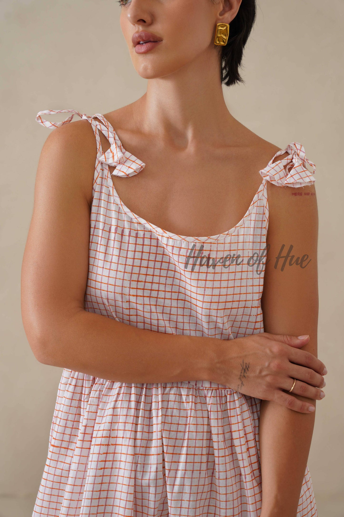 Cotton Midi Dress Summer Gingham Plaid Tie-Strap A-Line Casual Sun Dress - Red & White