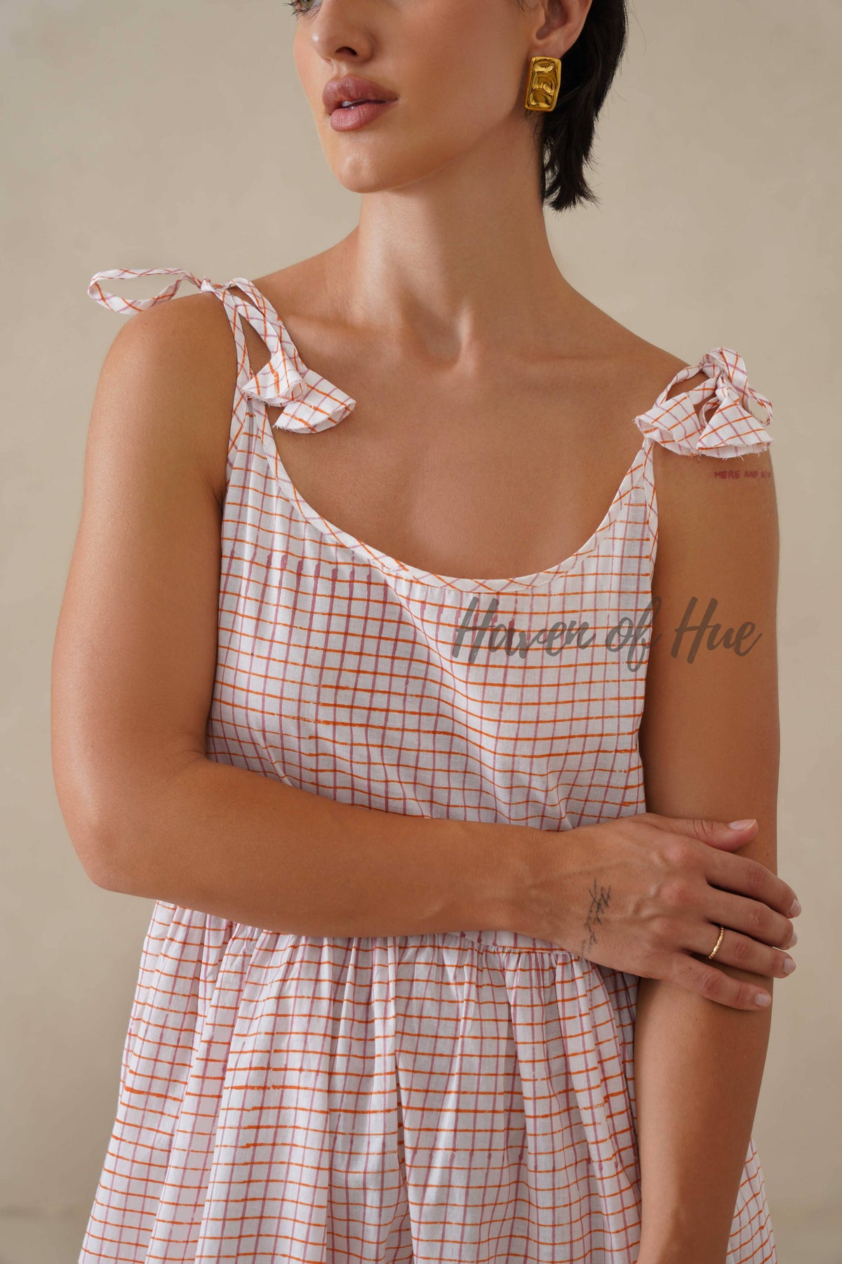 Cotton Midi Dress Summer Gingham Plaid Tie-Strap A-Line Casual Sun Dress - Red & White