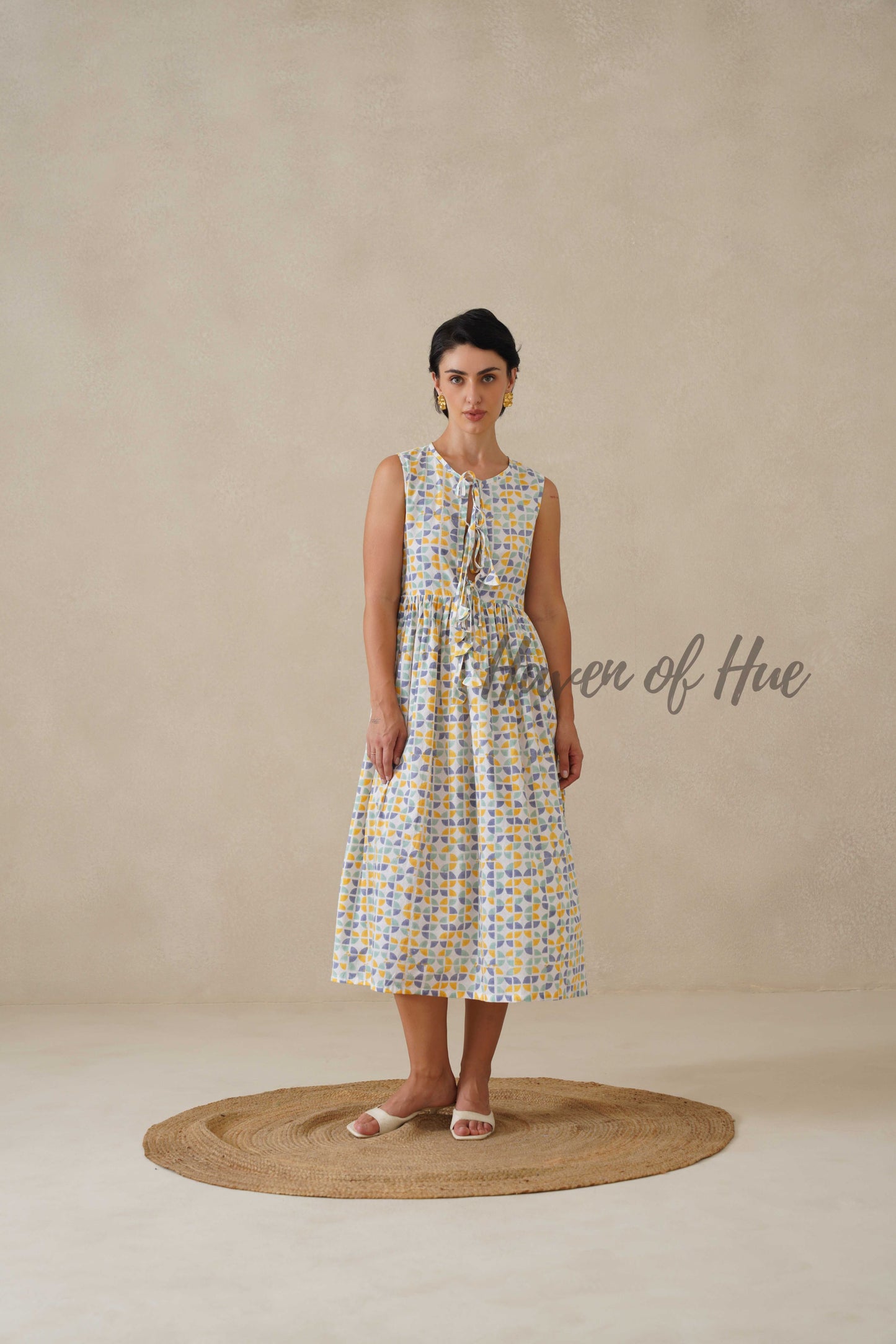 Cotton Midi Dress Sleeveless Boho Geometric Print Summer Sundress for Women - Relaxed Fit Casual A-Line Dress