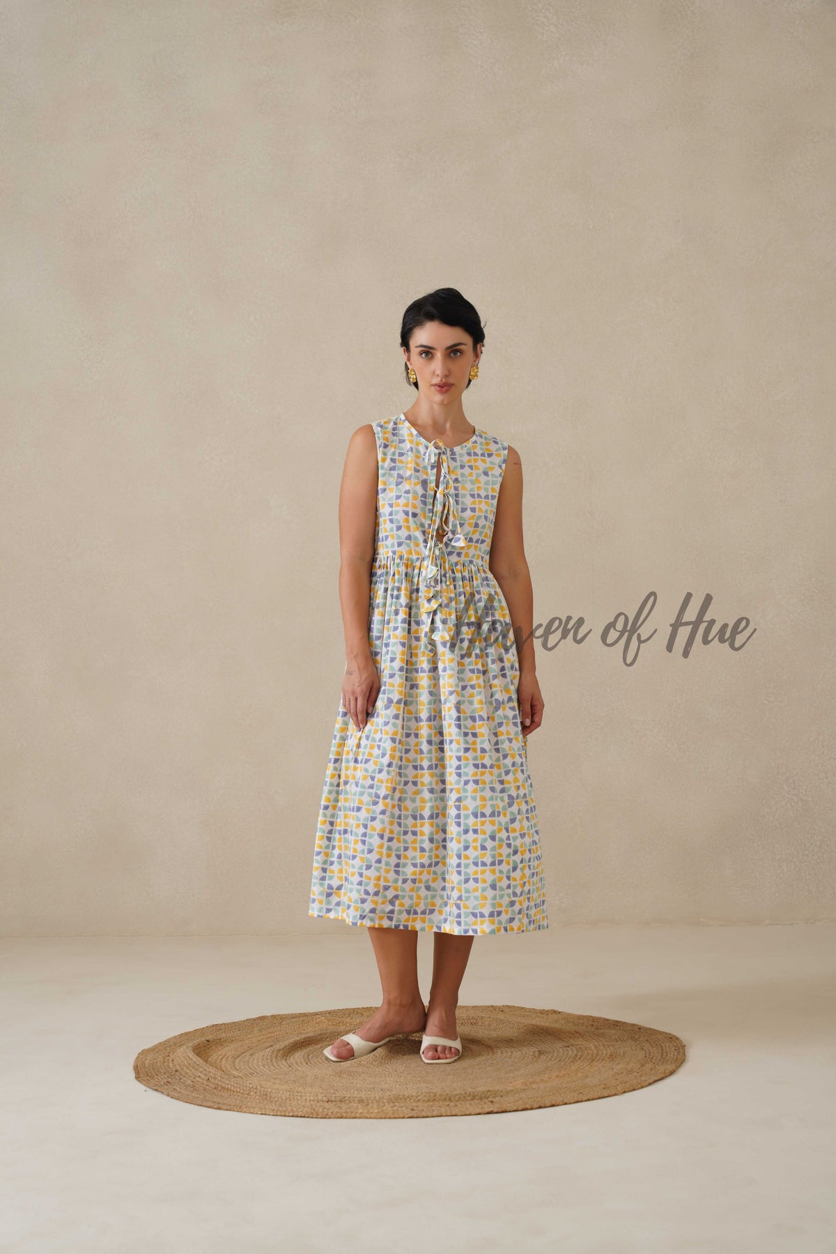 Cotton Midi Dress Sleeveless Boho Geometric Print Summer Sundress for Women - Relaxed Fit Casual A-Line Dress