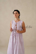 Striped Cotton Midi Dress for Women, Purple Sleeveless Summer Sundress