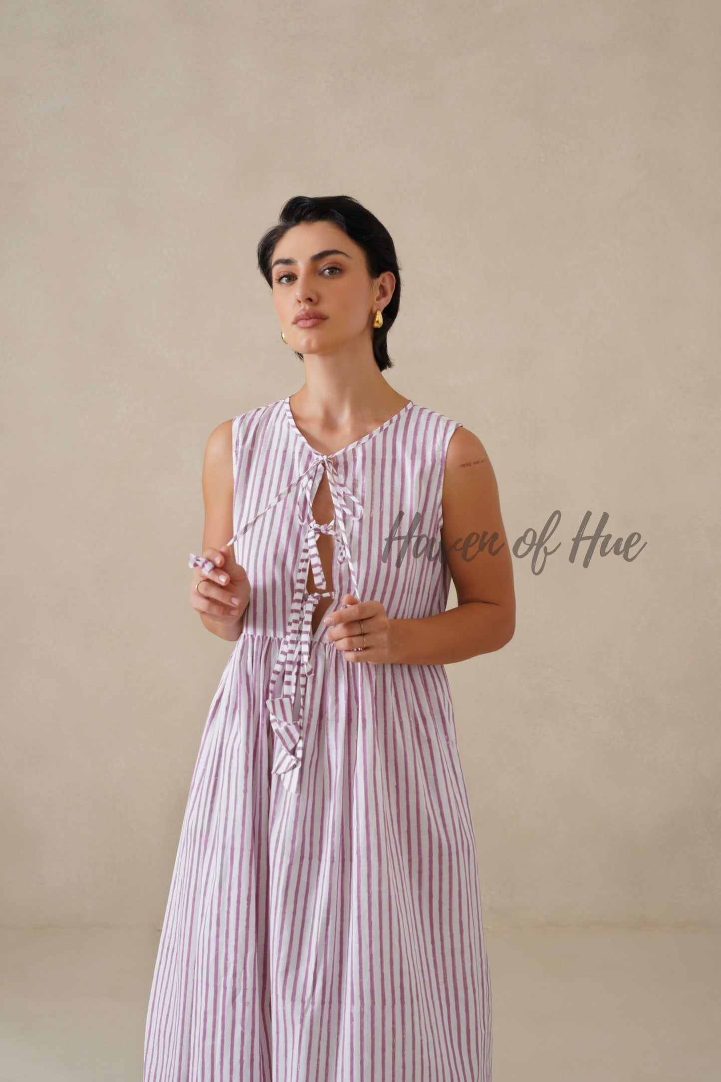 Striped Cotton Midi Dress for Women, Purple Sleeveless Summer Sundress