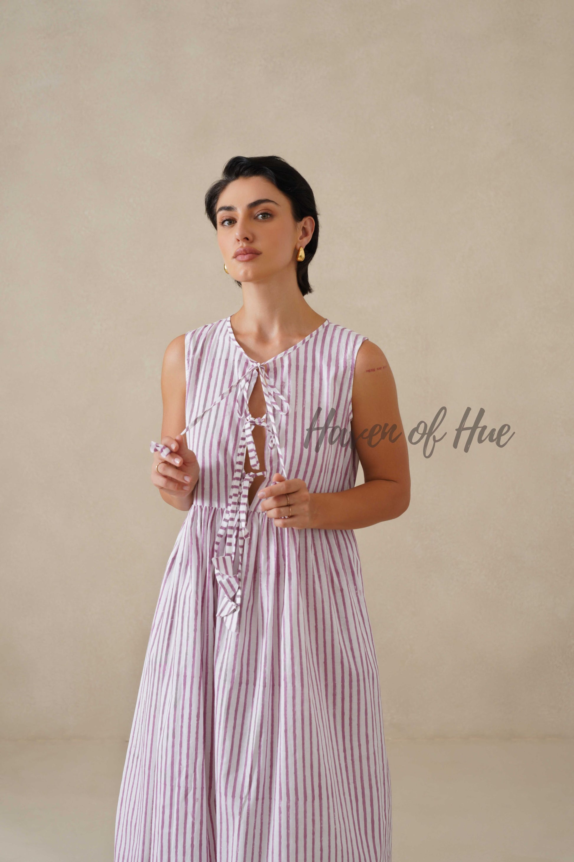 Striped Cotton Midi Dress for Women, Purple Sleeveless Summer Sundress