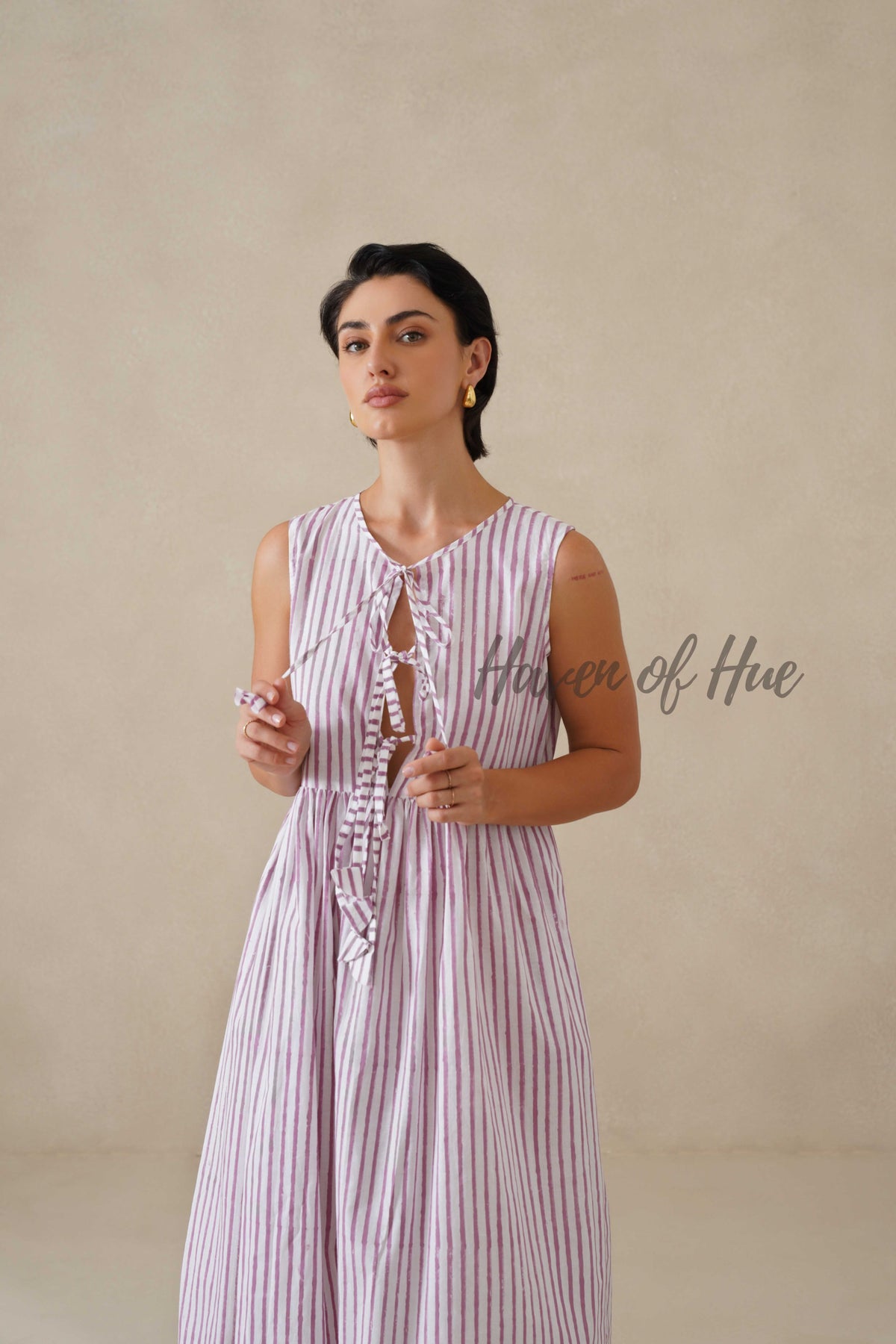 Striped Cotton Midi Dress for Women, Purple Sleeveless Summer Sundress