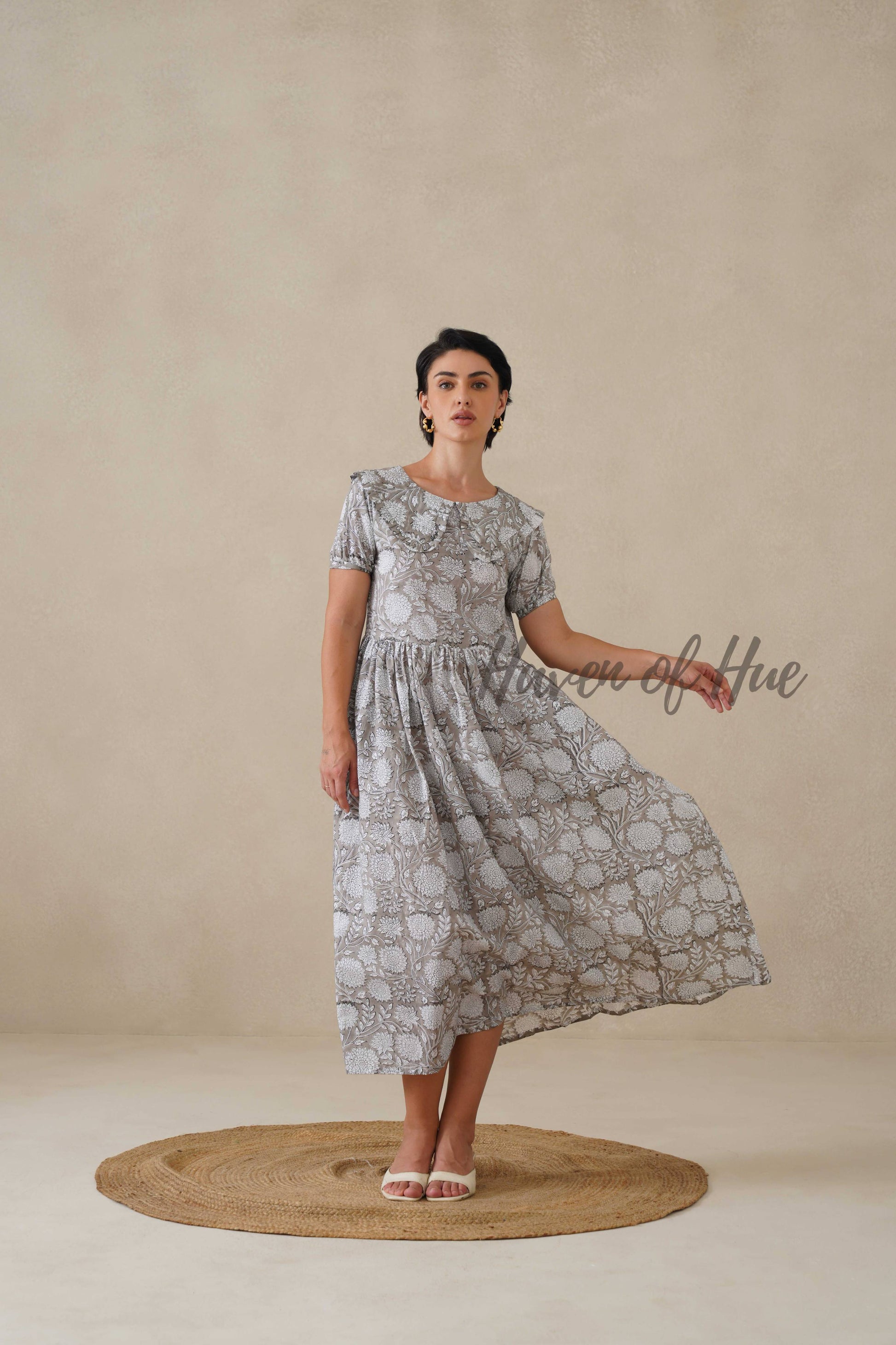 Grey Floral Cotton Dress | Vintage Ruffle Collar Midi Dress