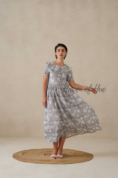 Grey Floral Cotton Dress | Vintage Ruffle Collar Midi Dress