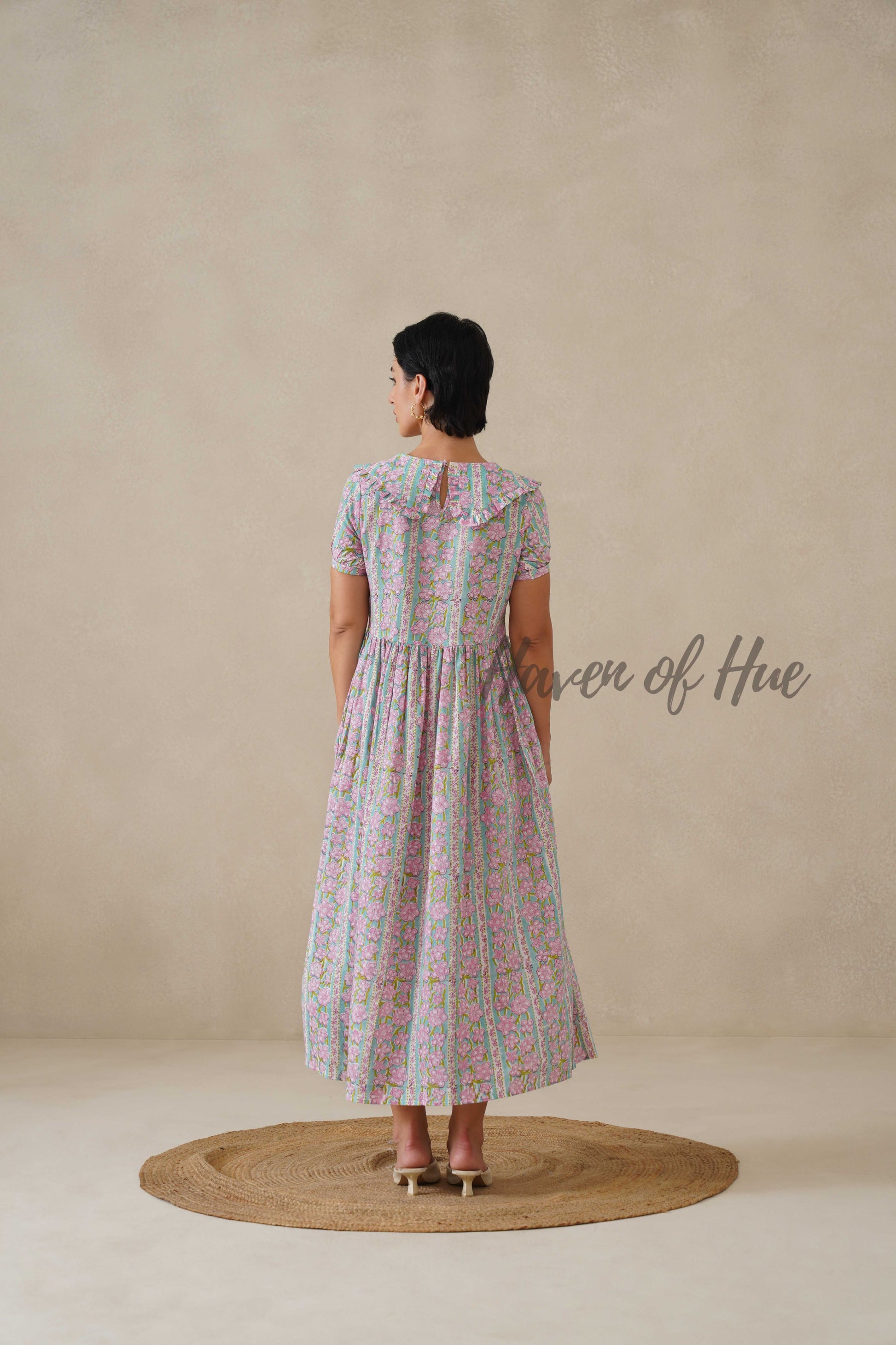 Pink Floral Cotton Dress | Vintage Ruffle Collar Midi Dress | Boho Summer Short Sleeve Relaxed Fit Smock Dress