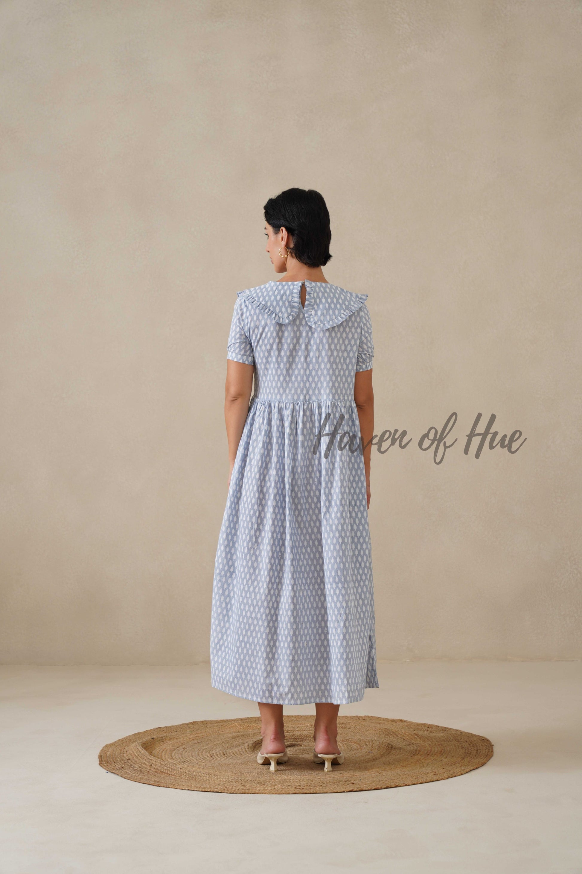 Blue Printed Cotton Dress | Vintage Ruffle Collar Midi Dress