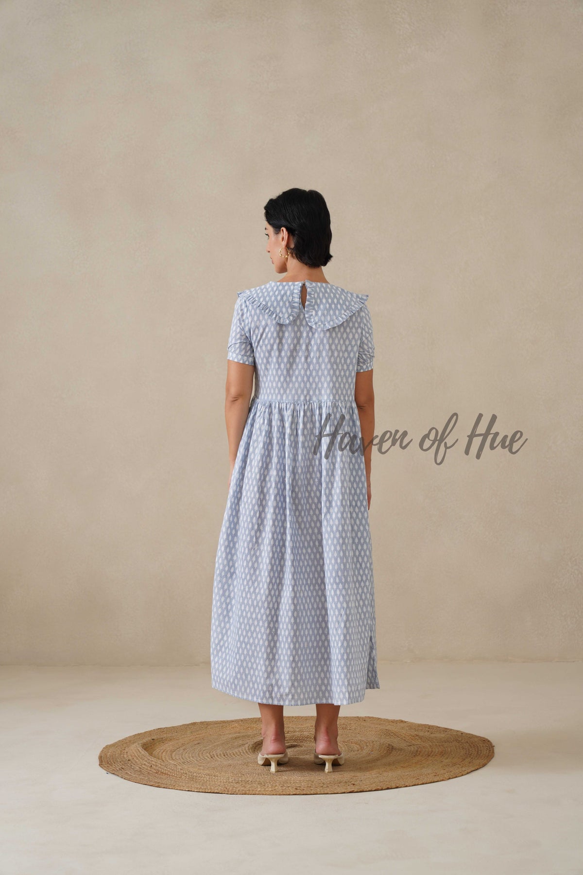 Blue Printed Cotton Dress | Vintage Ruffle Collar Midi Dress