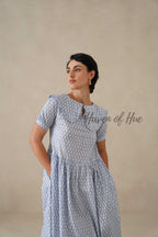 Blue Printed Cotton Dress | Vintage Ruffle Collar Midi Dress
