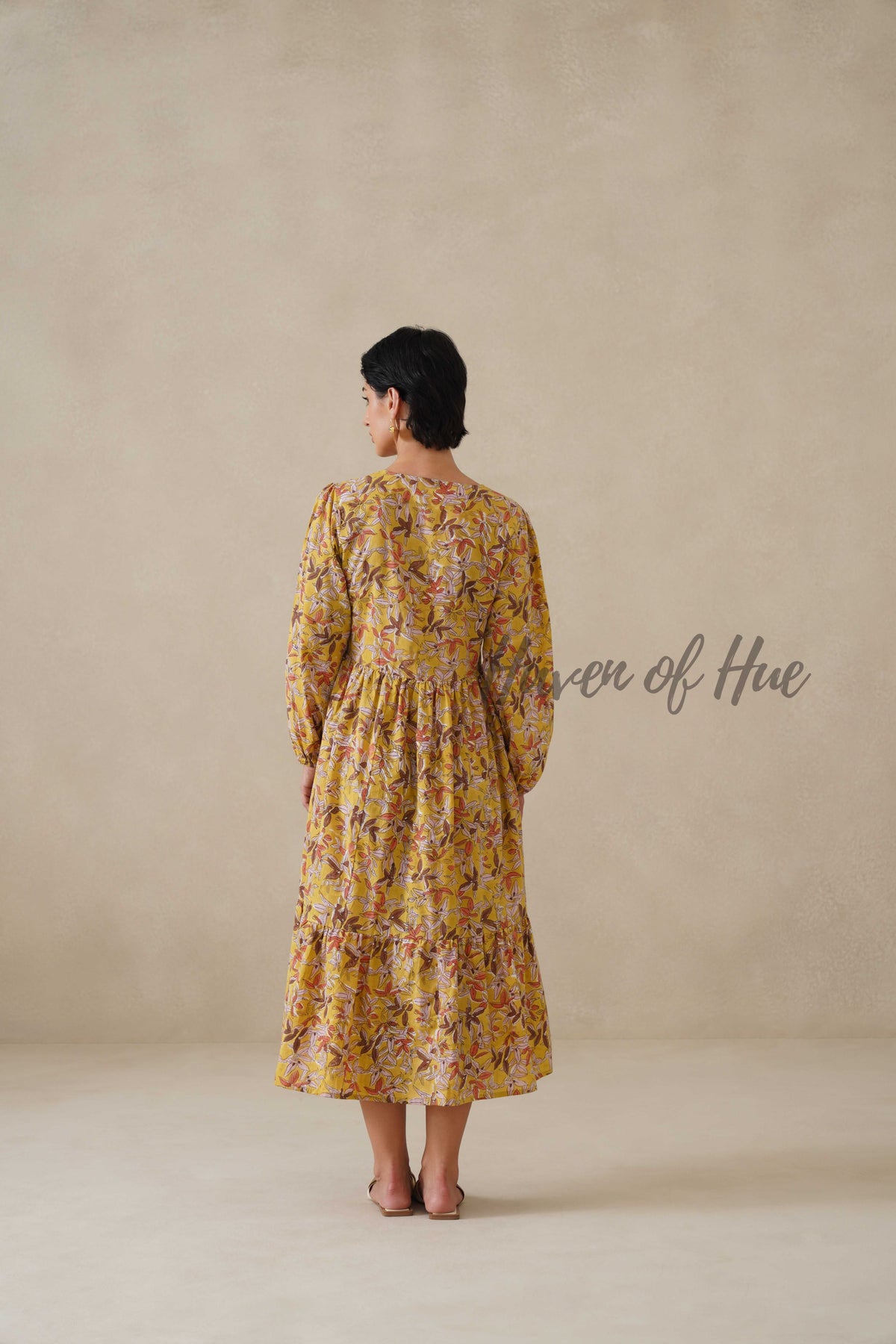 Yellow Floral Cotton Dress | Long Sleeve V-Neck Midi Dress