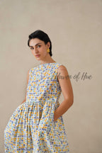 Geometric Pastel Cotton Dress | Sleeveless Boat Neck Midi Dress | Abstract Multi-Color Printed A-Line Summer Sundress