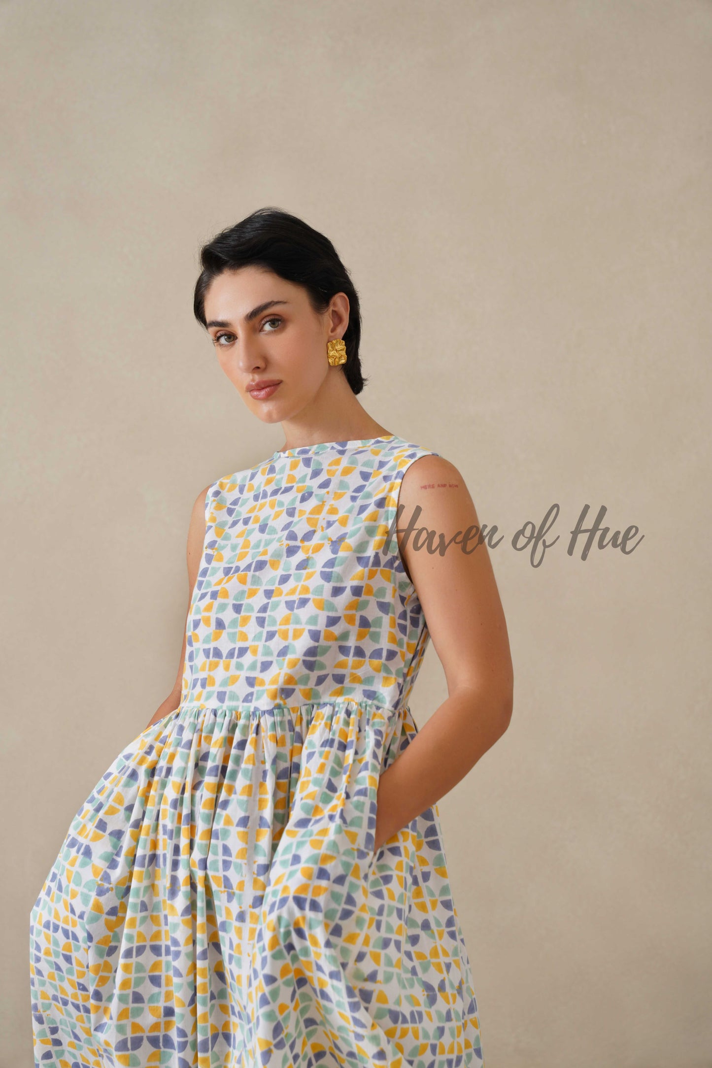 Geometric Pastel Cotton Dress | Sleeveless Boat Neck Midi Dress | Abstract Multi-Color Printed A-Line Summer Sundress