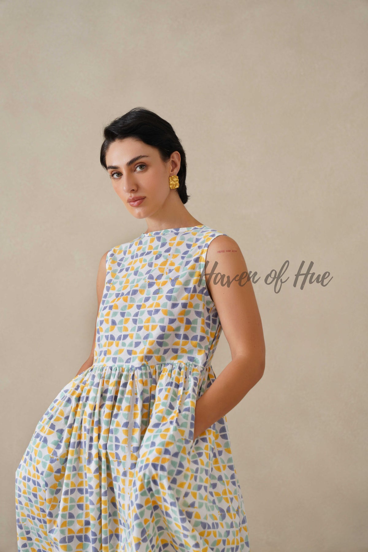 Geometric Pastel Cotton Dress | Sleeveless Boat Neck Midi Dress | Abstract Multi-Color Printed A-Line Summer Sundress