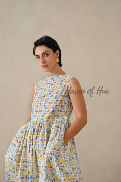 Geometric Pastel Cotton Dress | Sleeveless Boat Neck Midi Dress | Abstract Multi-Color Printed A-Line Summer Sundress