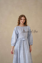 Blue Full Sleeve Cotton Dress with Geometric Print
