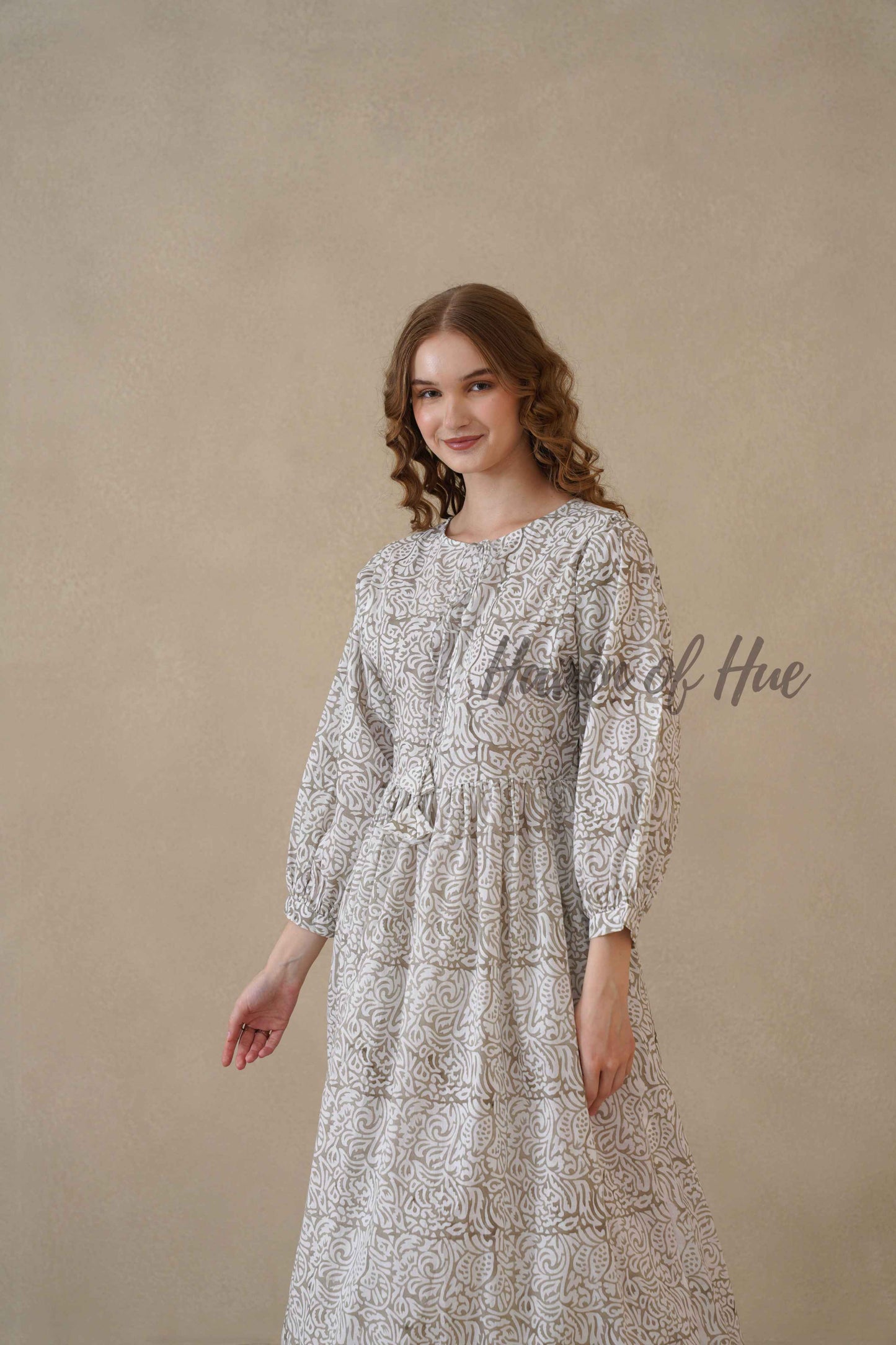 Grey Block Print Cotton Dress with Full Sleeves