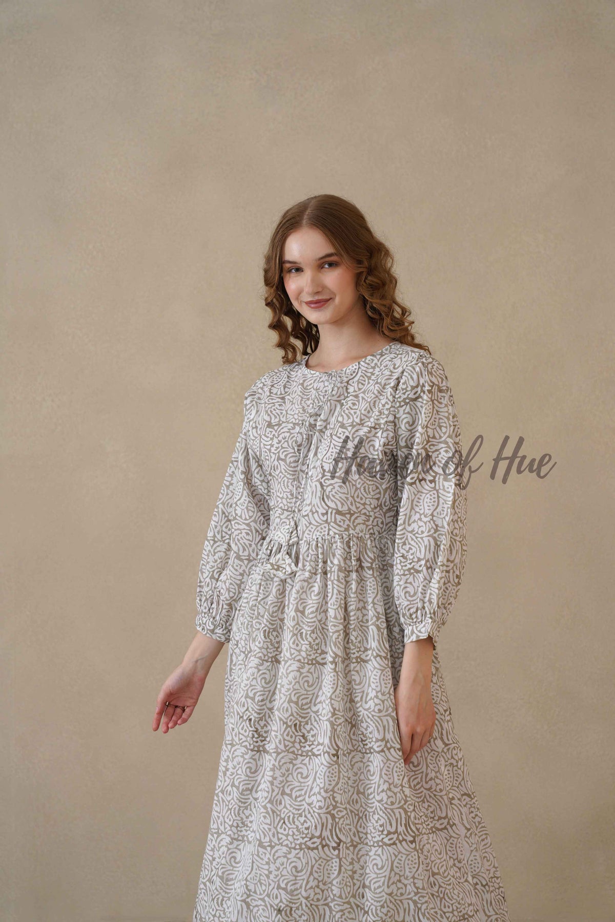 Grey Block Print Cotton Dress with Full Sleeves