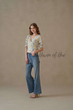 Women’s Multi-Color Block Printed Cotton Wrap Blouse with Tie Waist