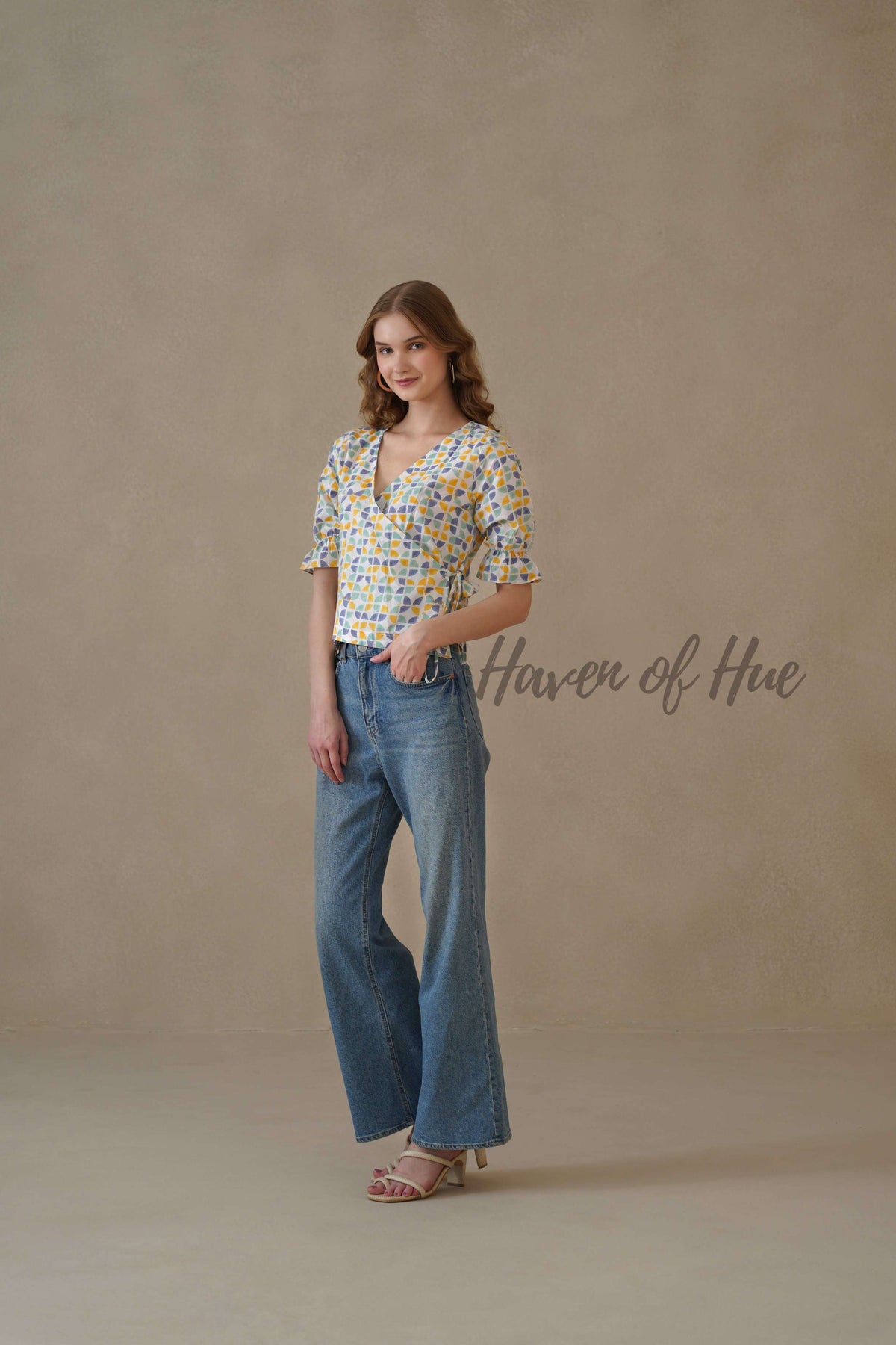 Women’s Multi-Color Block Printed Cotton Wrap Blouse with Tie Waist
