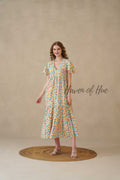 Multicolor Cotton Tiered Dress with Boho Geometric Print