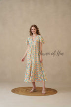 Multicolor Cotton Tiered Dress with Boho Geometric Print