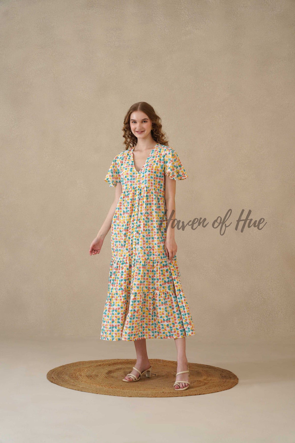 Multicolor Cotton Tiered Dress with Boho Geometric Print