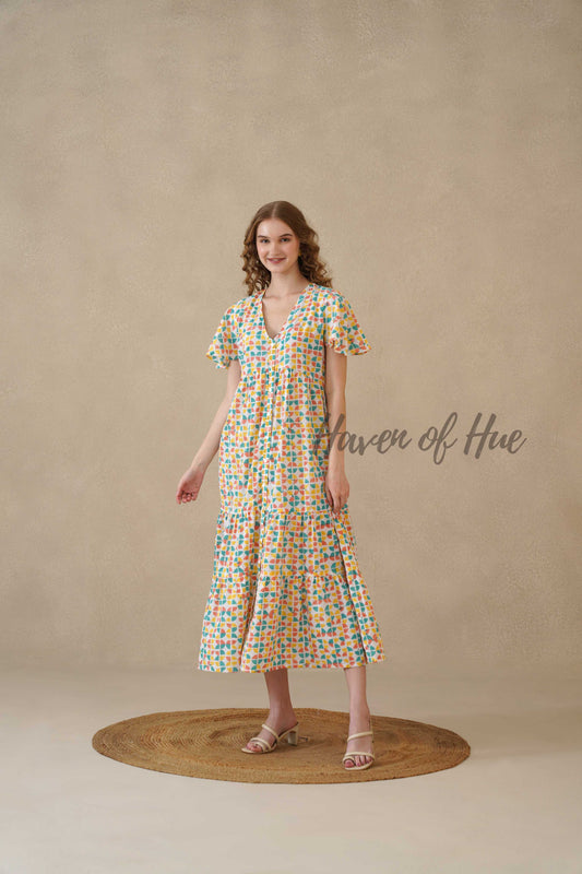 Multicolor Cotton Tiered Dress with Boho Geometric Print