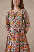 Multicolor Round Neck Cotton Dress with Full Sleeves