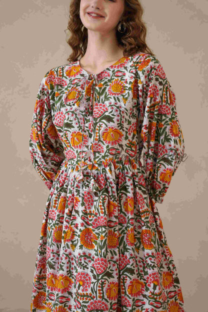 Multicolor Round Neck Cotton Dress with Full Sleeves