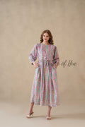Multicolor Floral Cotton Midi Dress with Long Sleeves