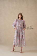 Multicolor Floral Cotton Midi Dress with Long Sleeves