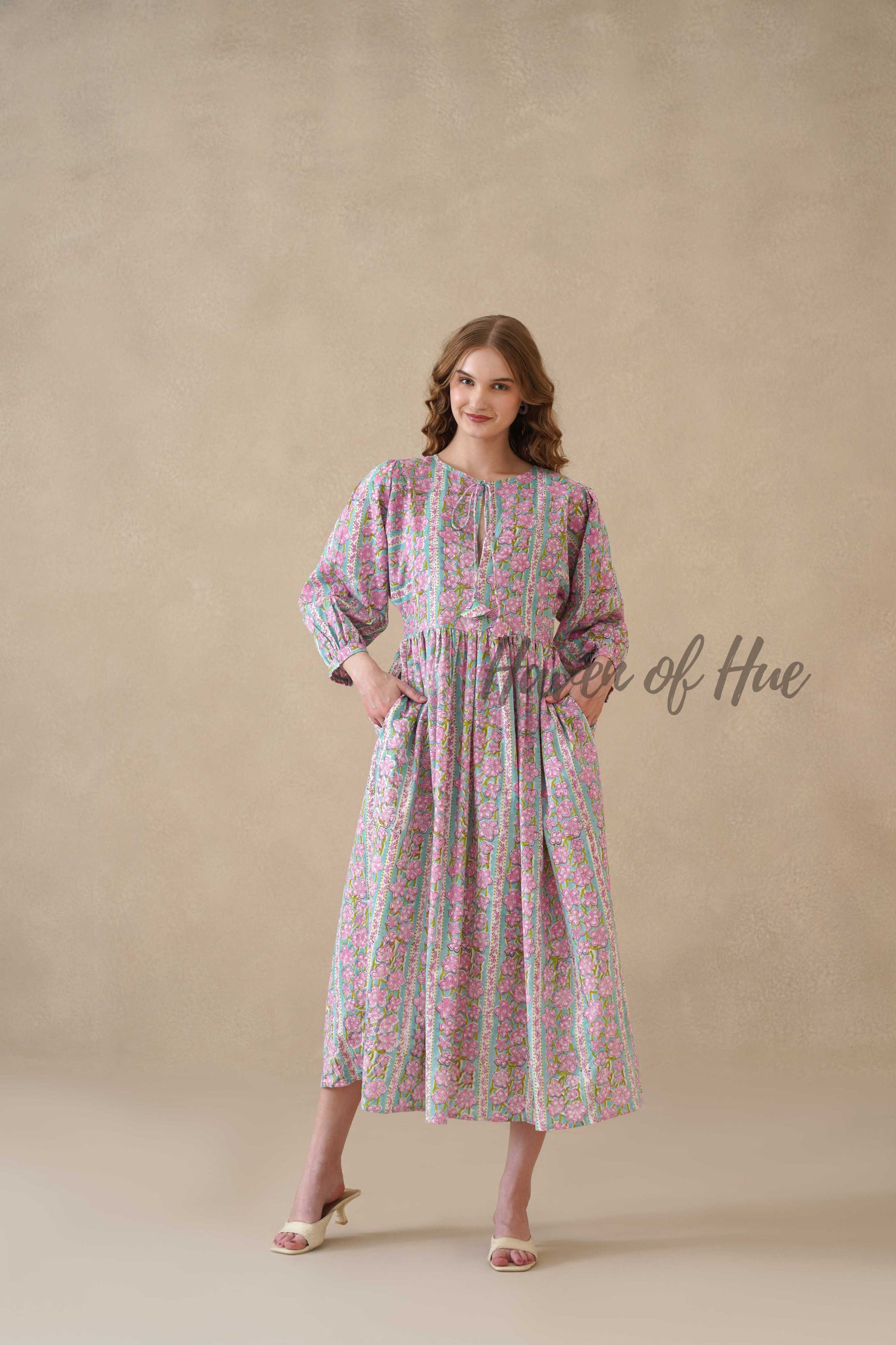 Multicolor Floral Cotton Midi Dress with Long Sleeves