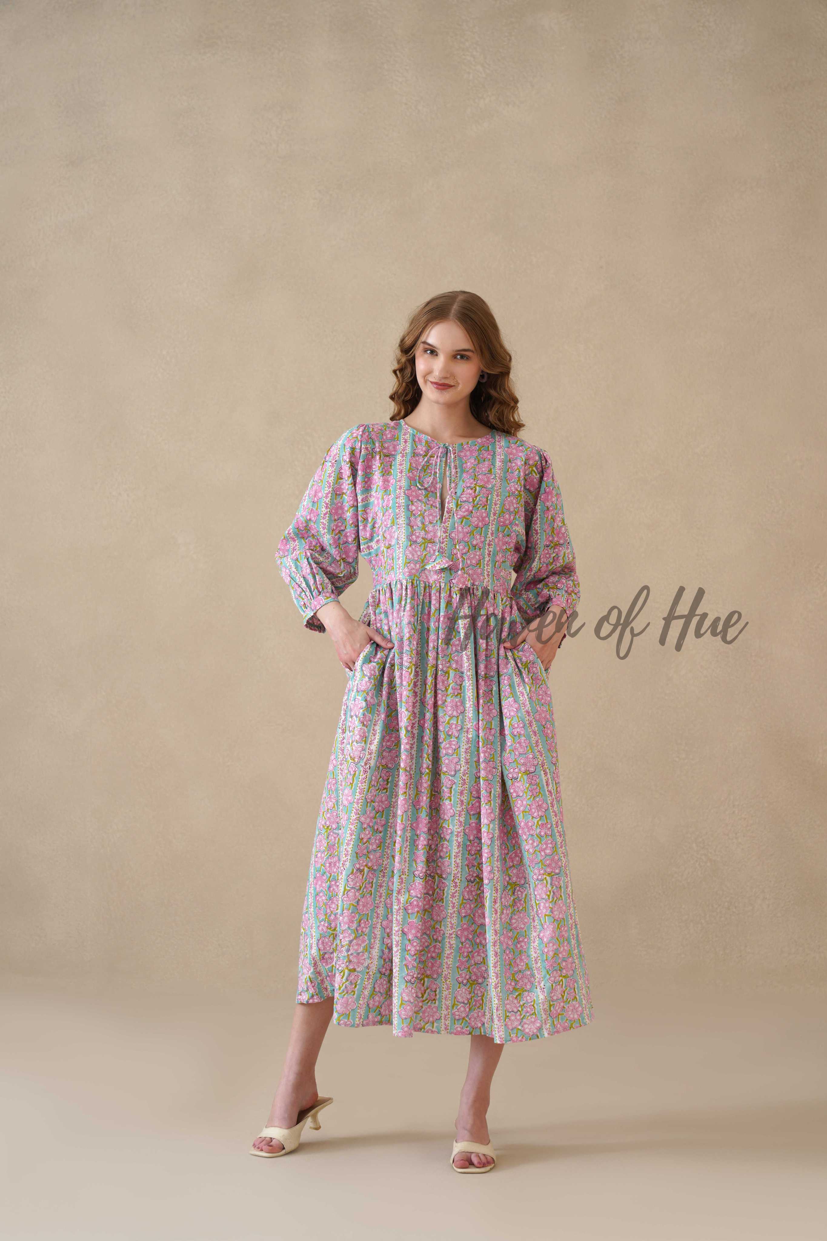 Multicolor Floral Cotton Midi Dress with Long Sleeves