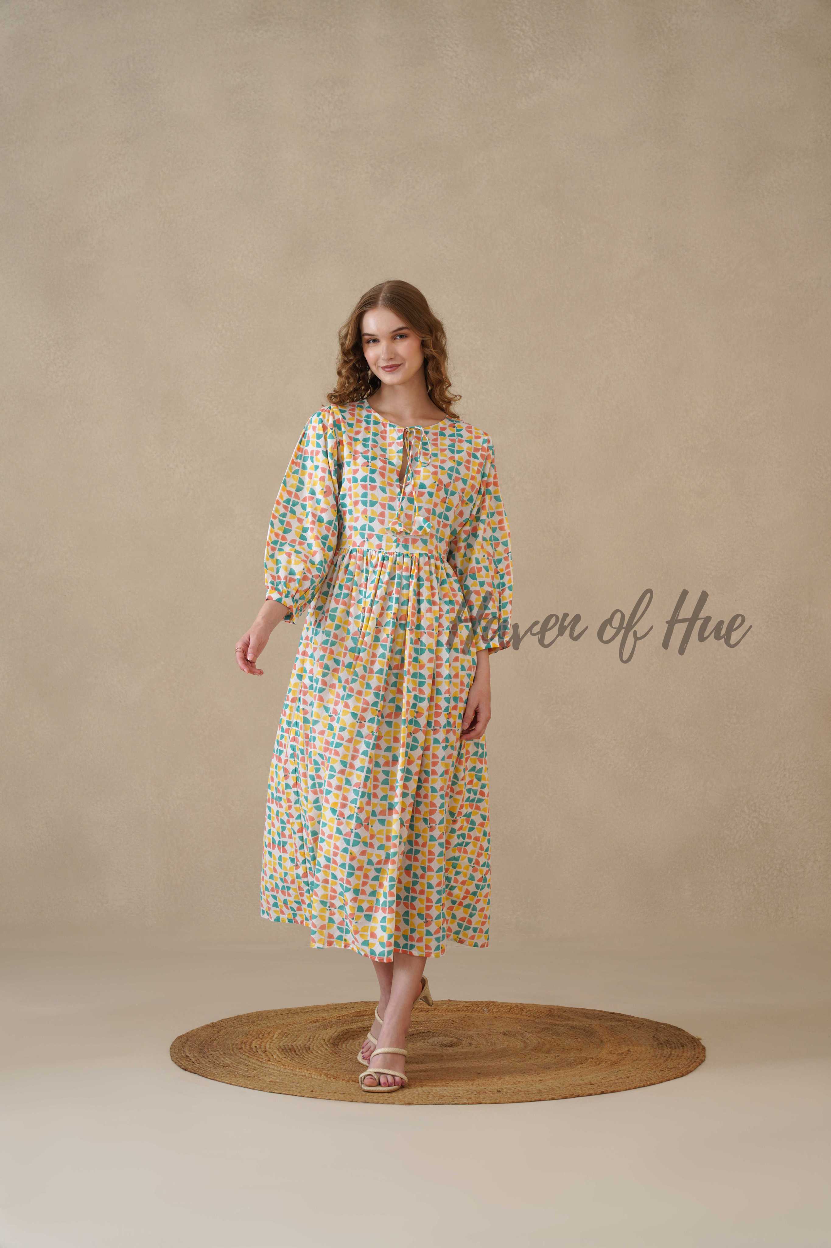 Multicolor Full Sleeve Cotton Dress with Geometric Print