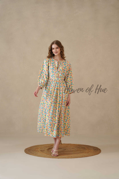Multicolor Full Sleeve Cotton Dress with Geometric Print