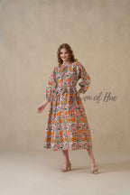 Multicolor Round Neck Cotton Dress with Full Sleeves