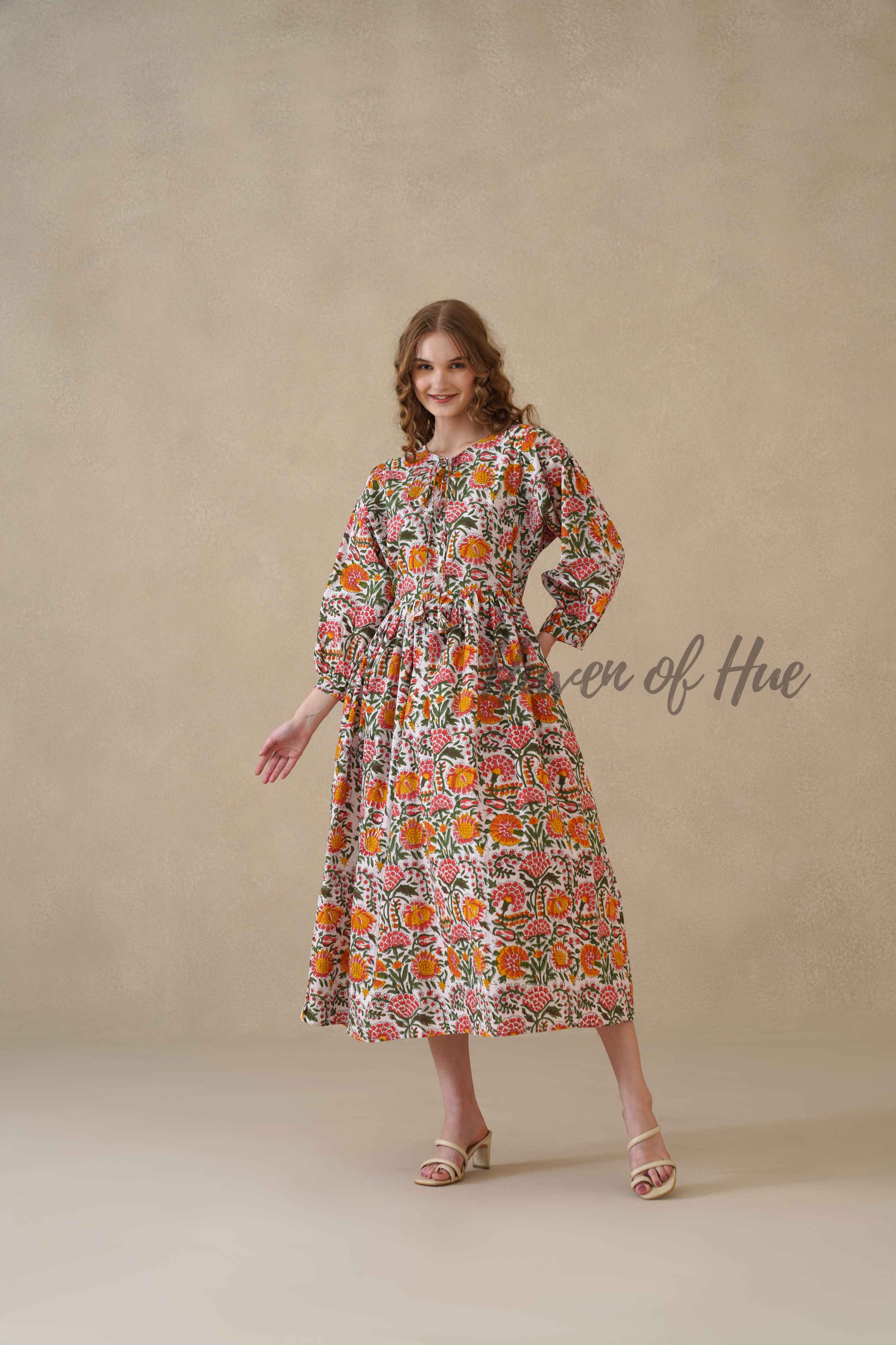 Multicolor Round Neck Cotton Dress with Full Sleeves